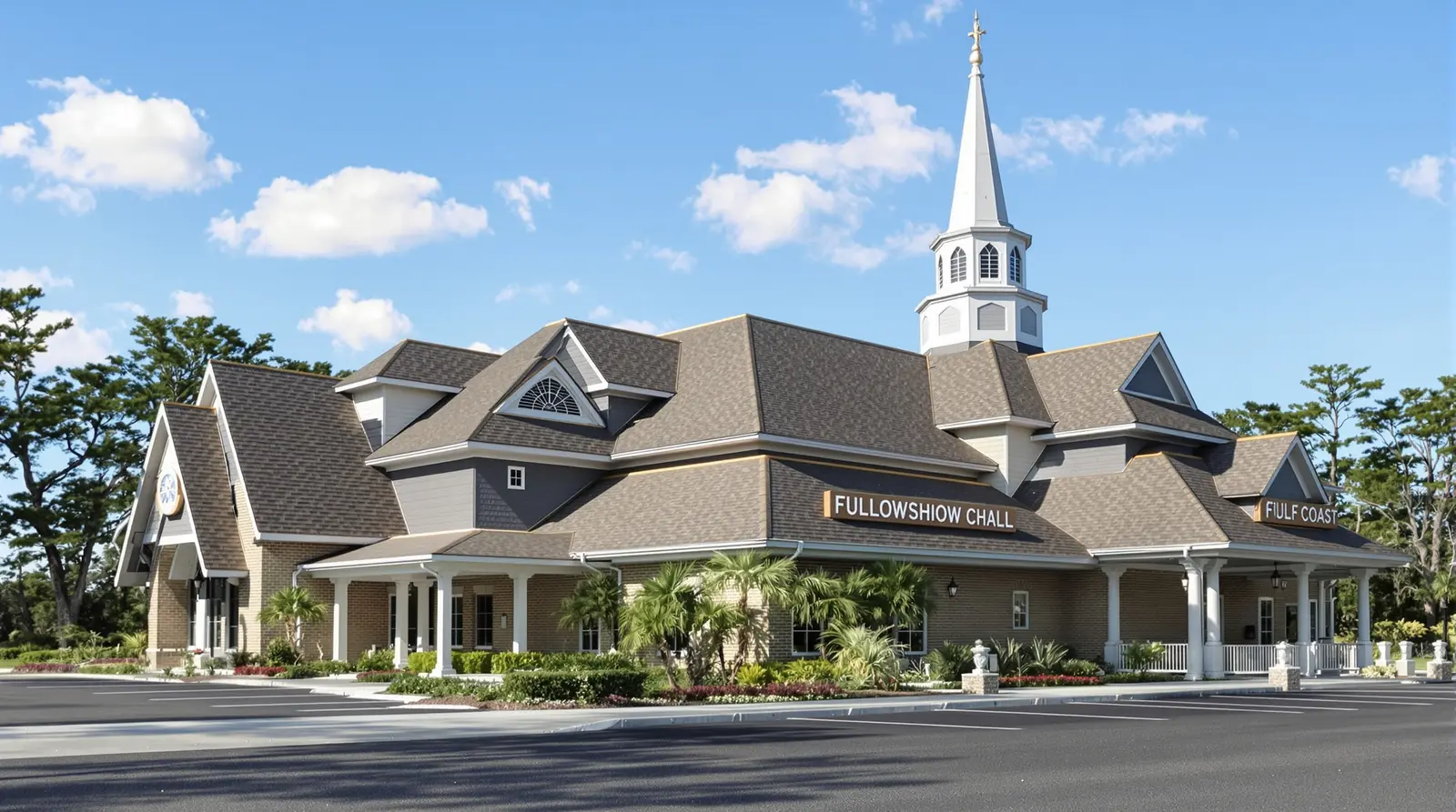 Church building with complex roofline and flat roof sections in the Gulf Coast region