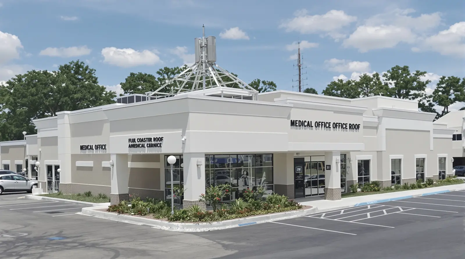 Medical office building with flat roof in the Gulf Coast region where roof leak prevention is critical