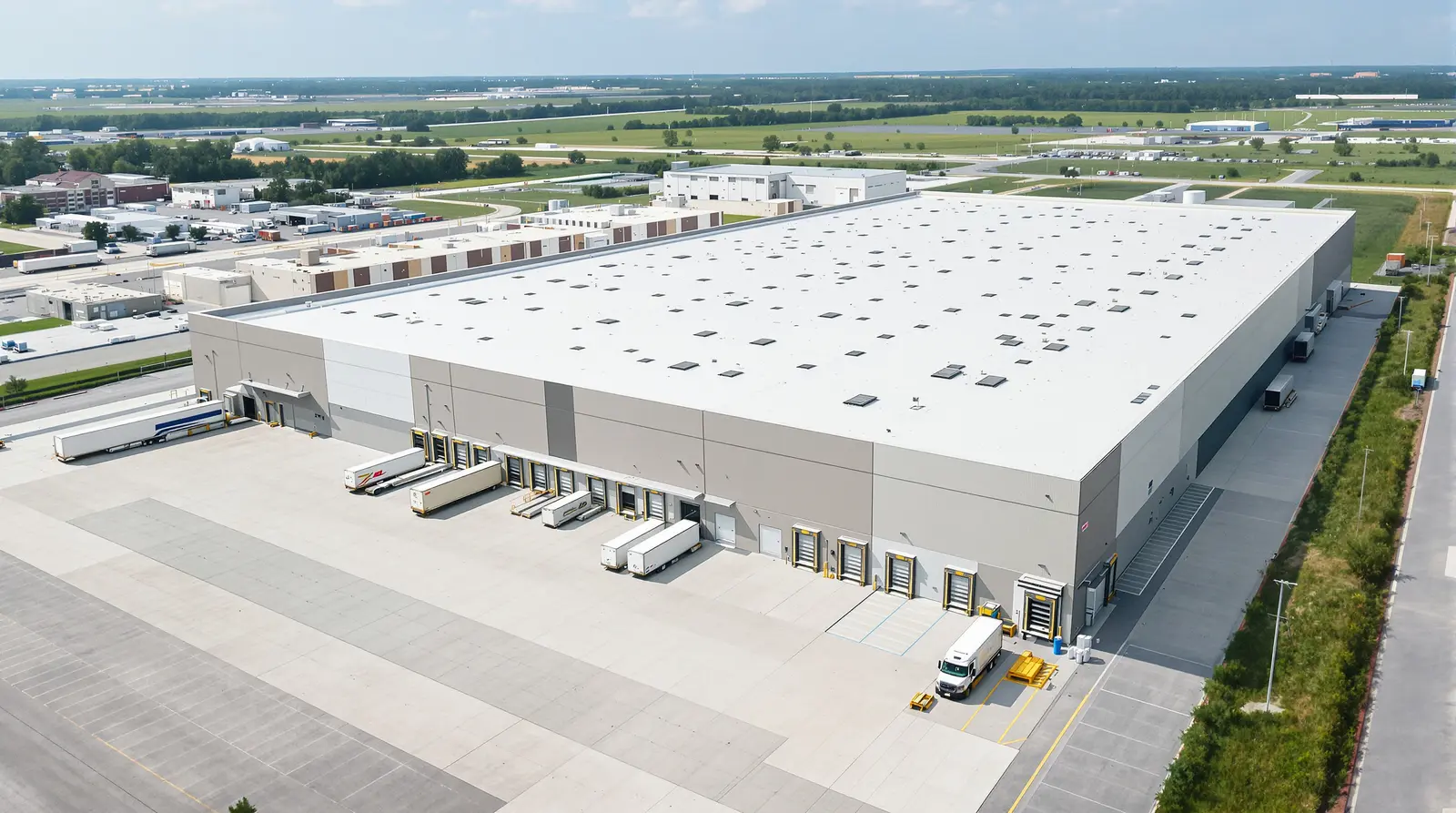 Large commercial warehouse with flat roof on the Gulf Coast, showing the scale of industrial roofing installations