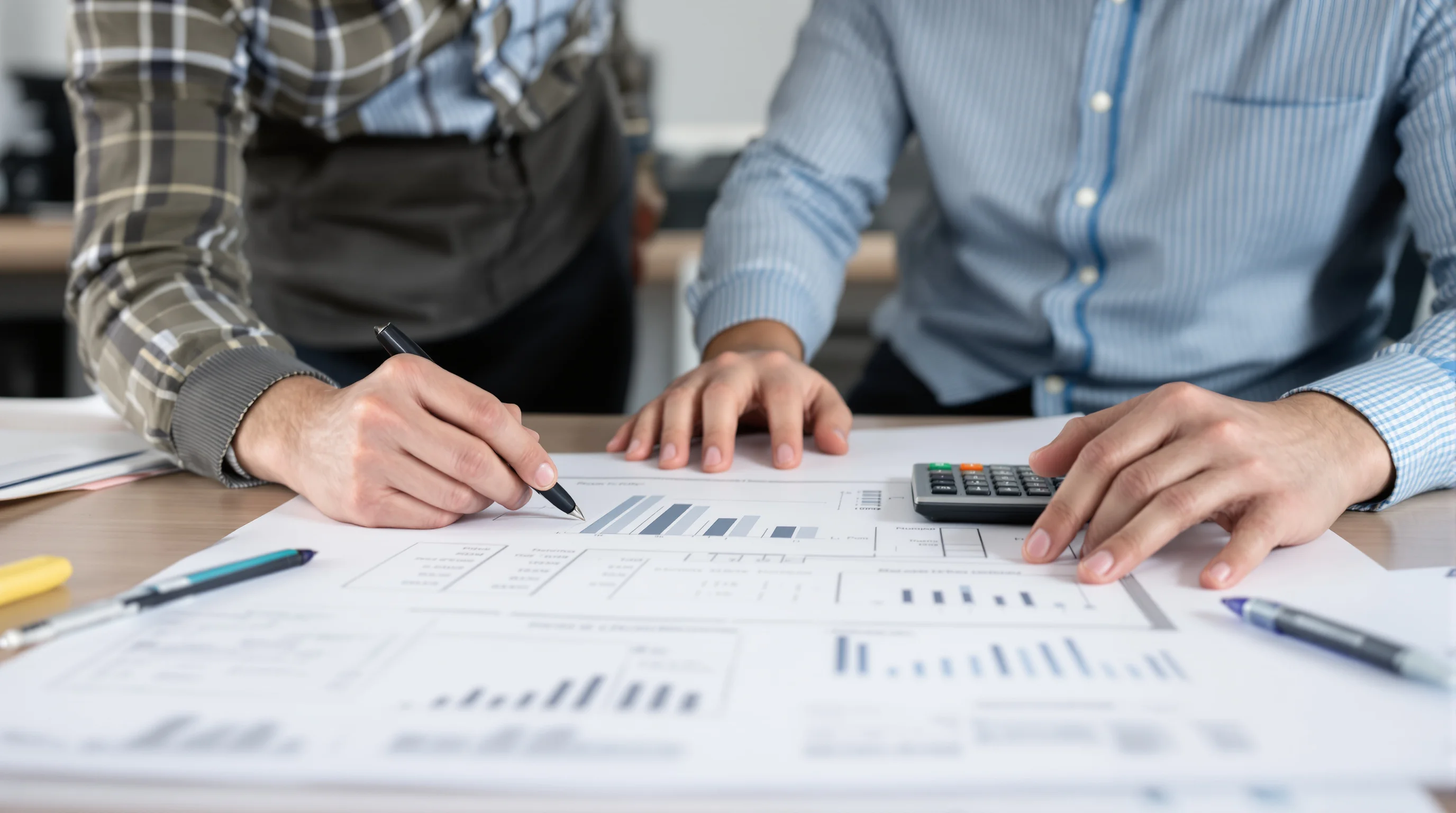 Commercial building owner reviewing roofing proposals, blueprints, and cost breakdowns at a conference table