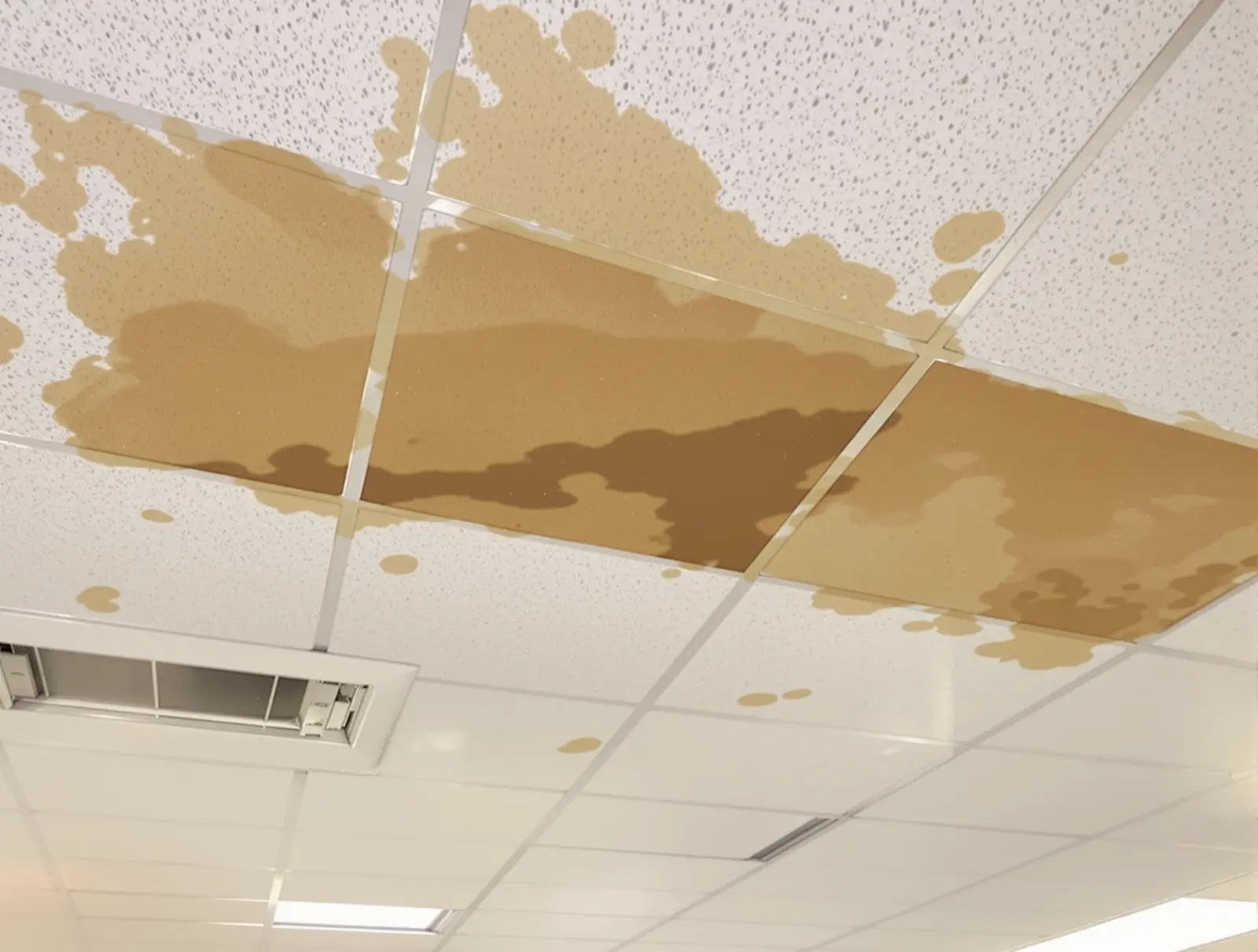 Interior ceiling showing water stain and active leak damage from a commercial flat roof failure