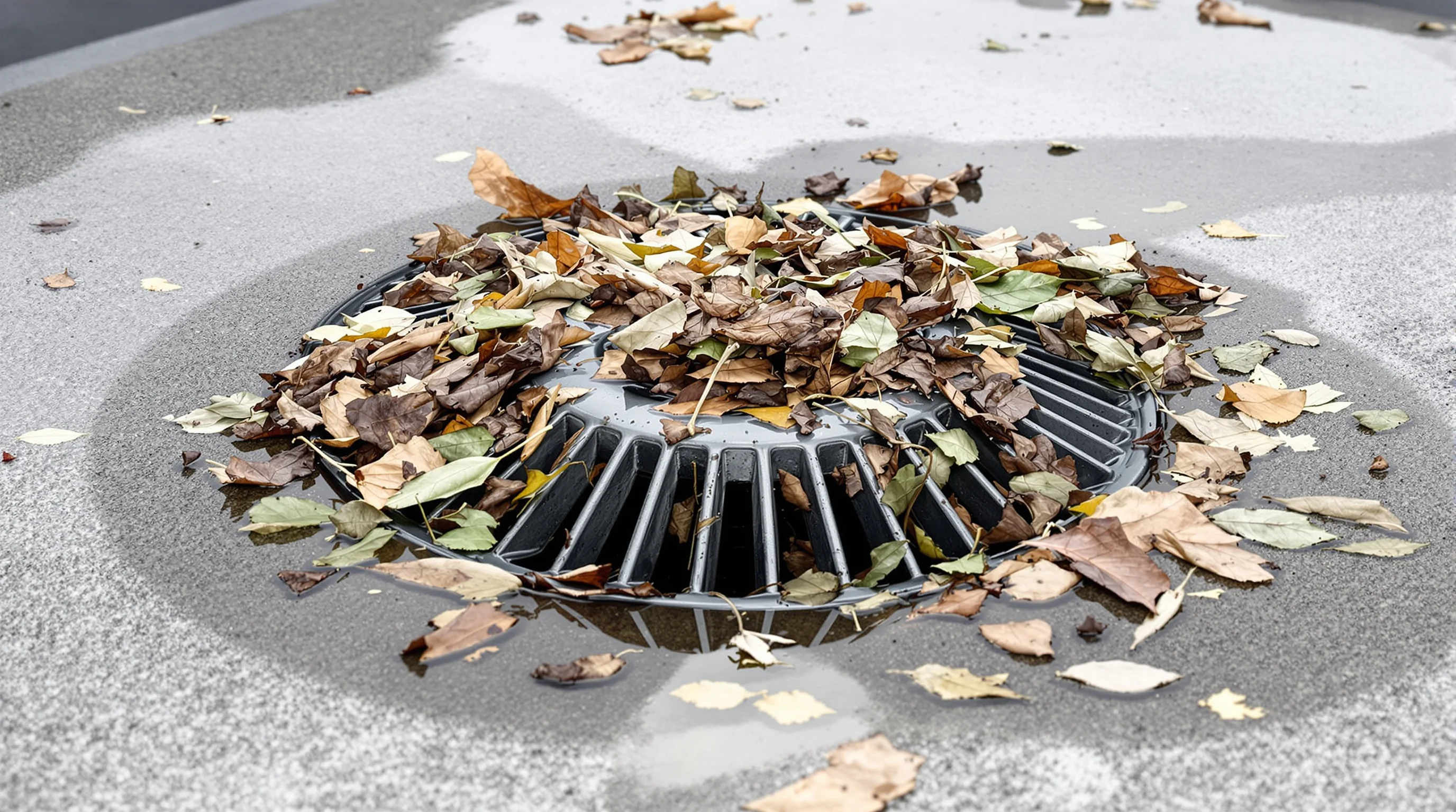 Commercial roof drain clogged with leaves and debris, with standing water pooling around the blocked scupper