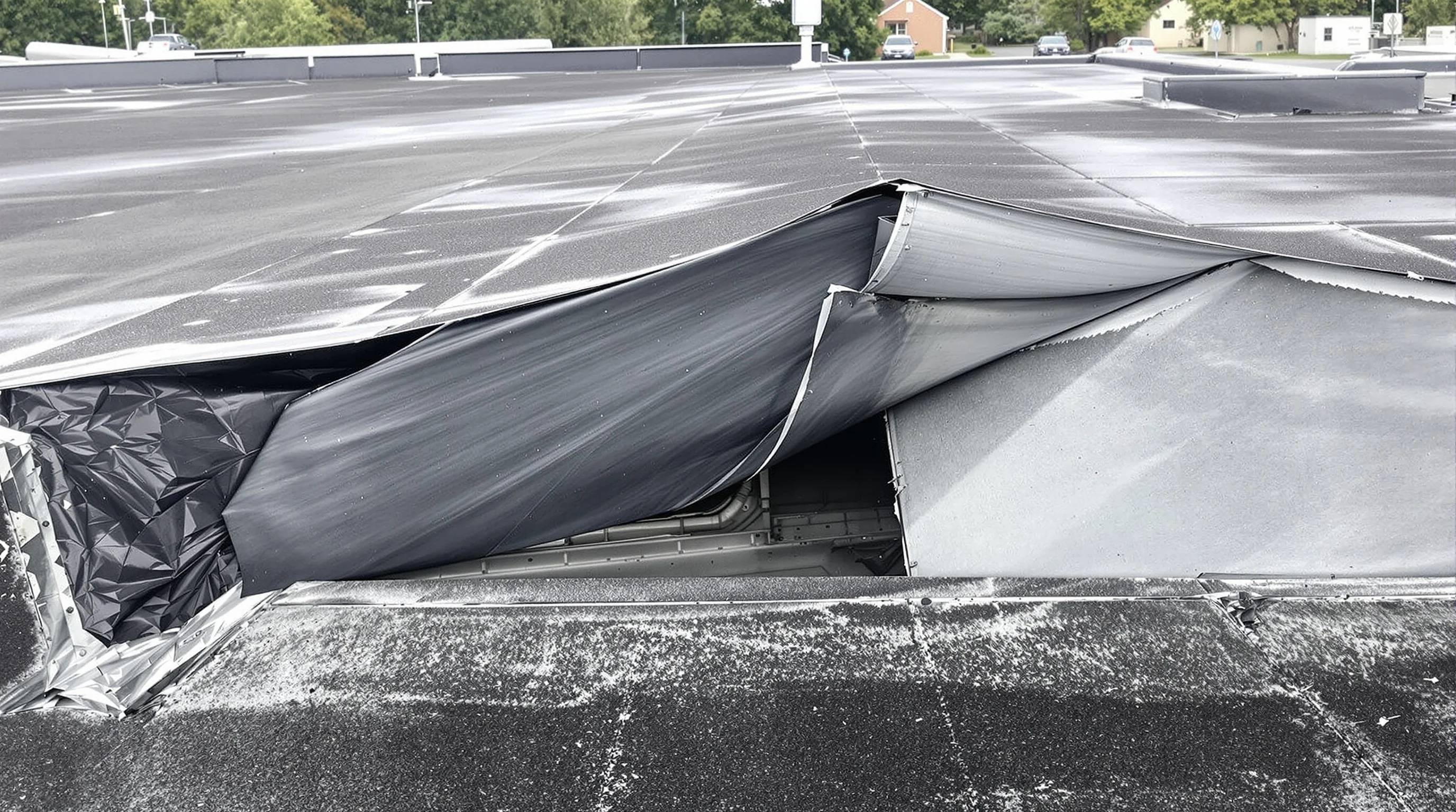 Commercial flat roof edge metal blow-off failure showing membrane lifted and peeled back from the roof edge after a wind event