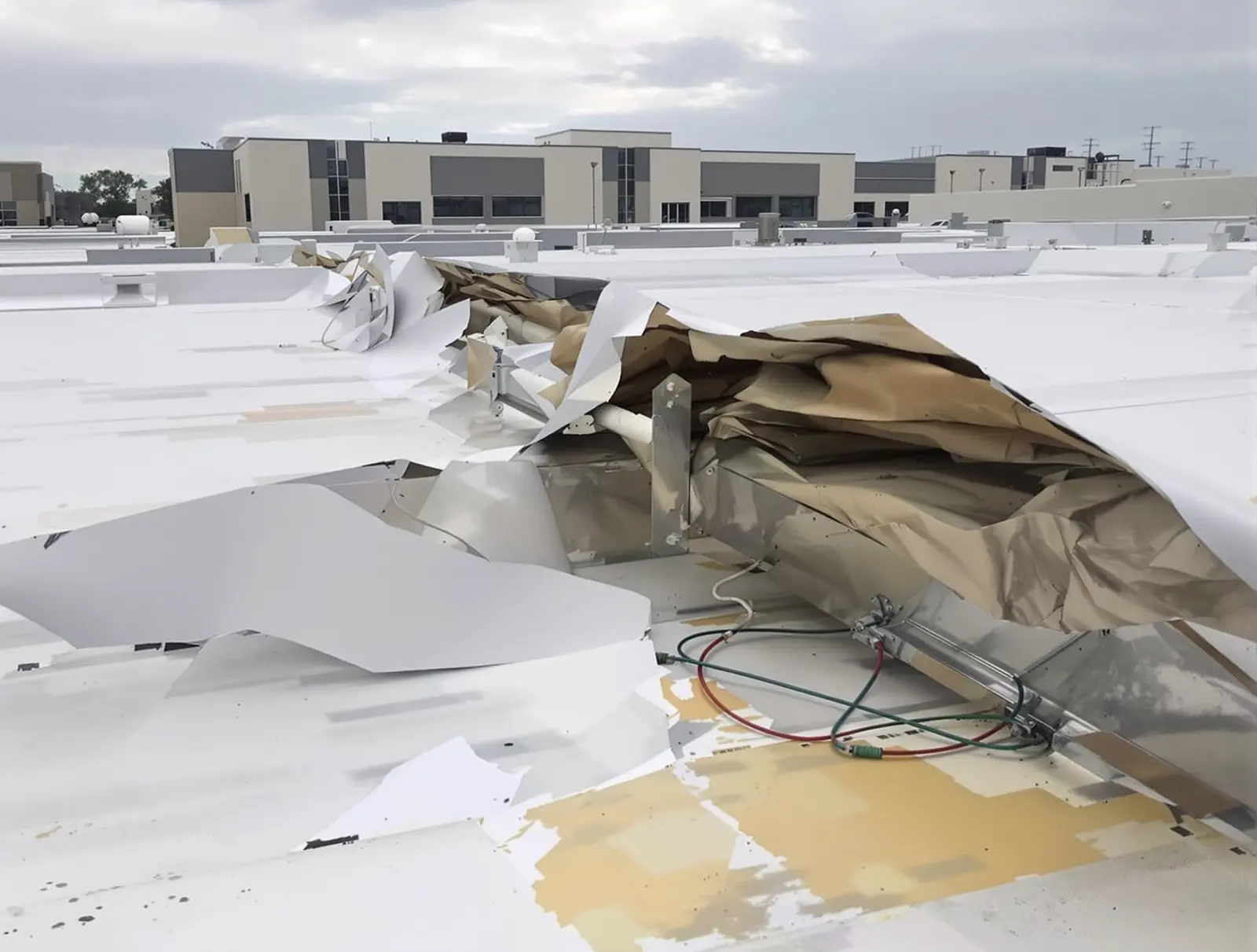 Wind damage on a commercial flat roof showing peeled membrane and edge failure after a Gulf Coast storm