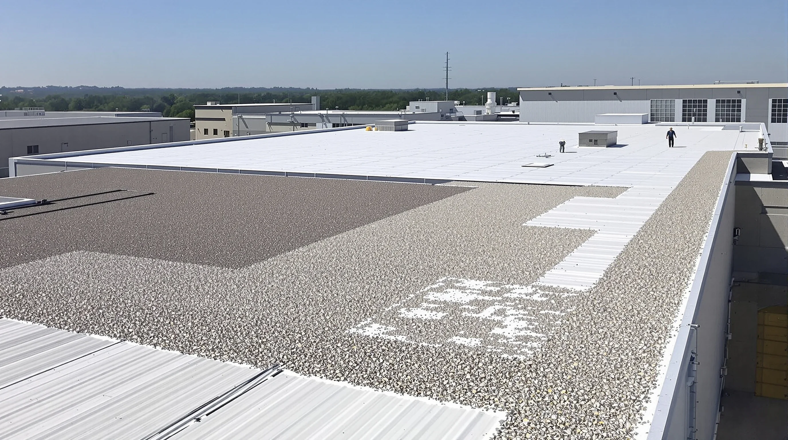 Built-up roofing system with gravel ballast surfacing covering a commercial flat roof, showing the multi-ply aggregate-topped assembly