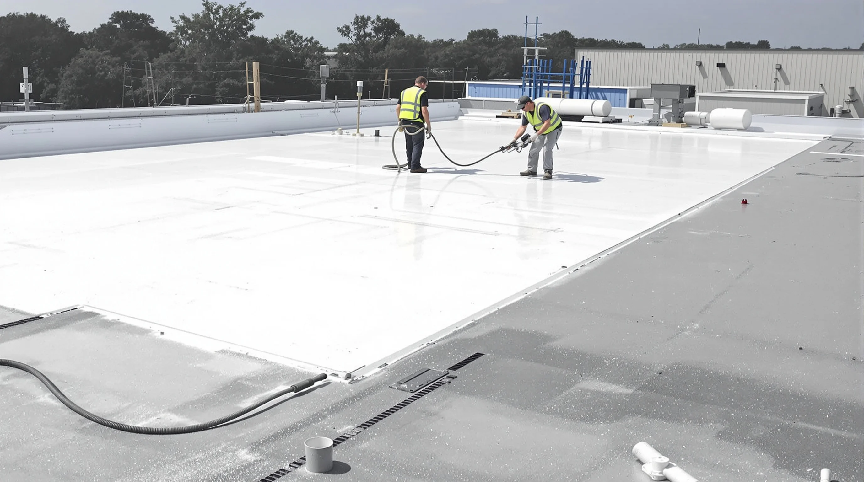 Spray polyurethane foam being applied to a commercial flat roof, showing the seamless white foam surface forming during application